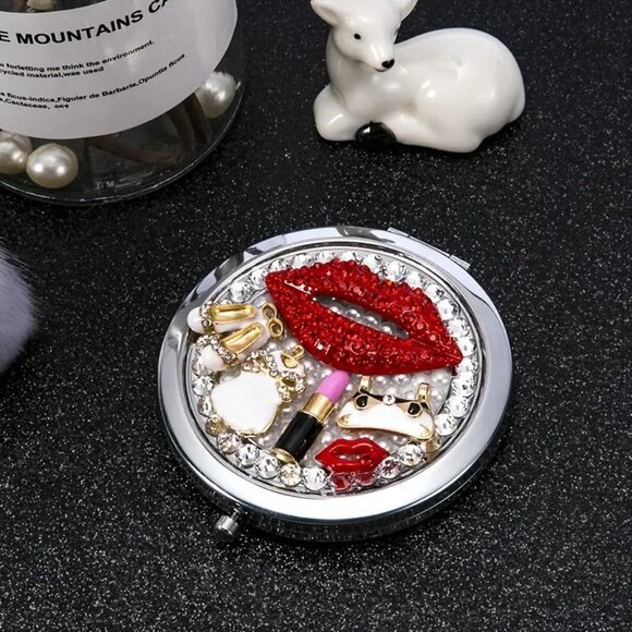 Glam Rhinestone Compact Makeup Mirror with 1x/2x Magnification & Chic Charms - Picture 7 of 8